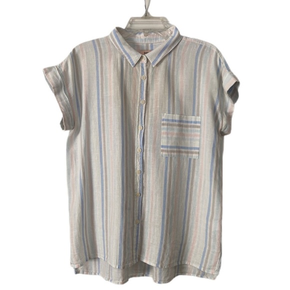 Per Se Linen Blend White with Pastel Stripes Casual Button Down Shirt Size L - Picture 1 of 12